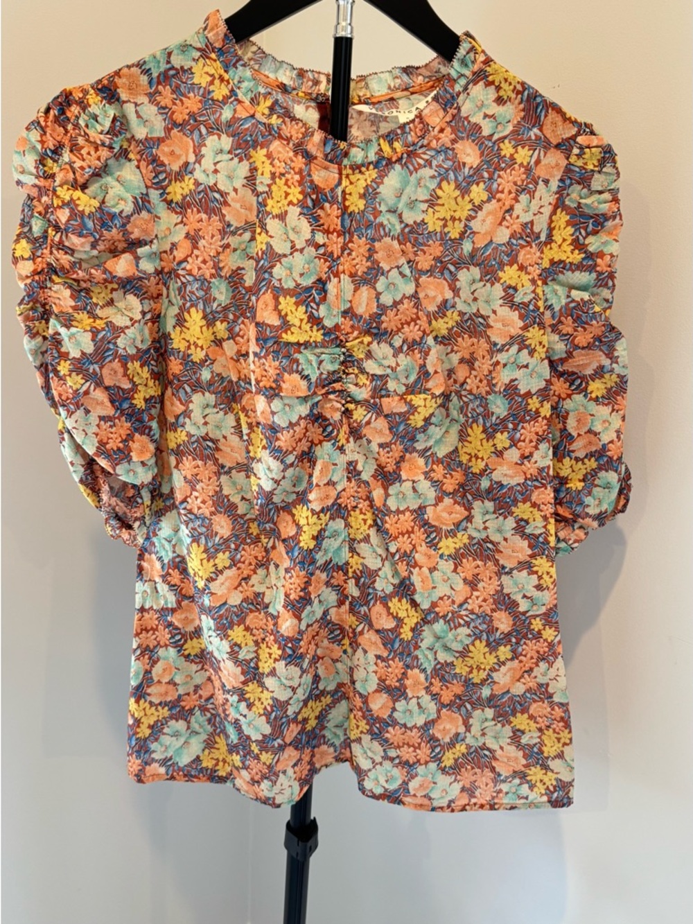 Veronica Beard Floral Puff-Sleeve Blouse in Peach, Yellow & Mint